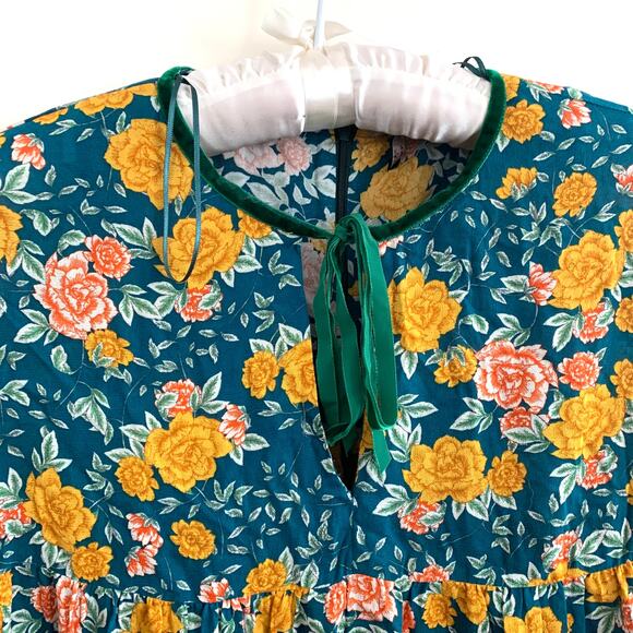 Zara Floral Long Sleeve Romper in Green with Velvet Tie - Picture 4 of 15